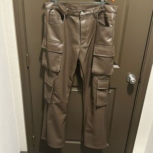 Leather Double Snap Cargo Pants, with cargo pockets located on the outseam